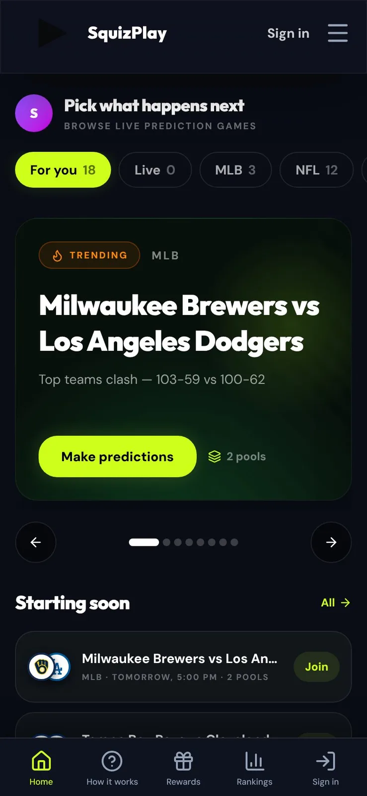 SquizPlay mobile experience for live sports predictions, trivia and rewards.