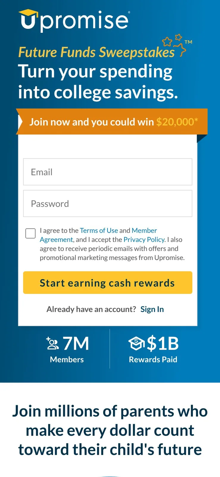 Upromise mobile acquisition landing page and sign-up funnel.